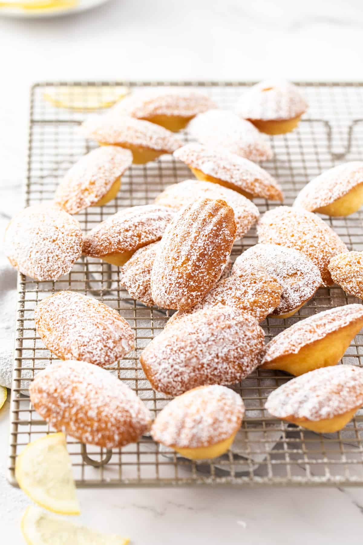 Madeleines dusted with icing sugar sitting on a cooling rack.