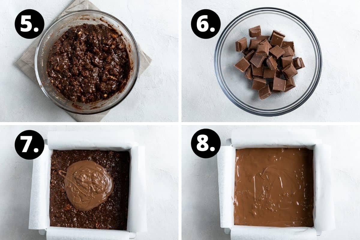 Steps 5-8 of preparing this recipe in a photo collage - the combined mixture, melting the chocolate for the topping, pouring the chocolate on the top of the slice and the slice ready to set.