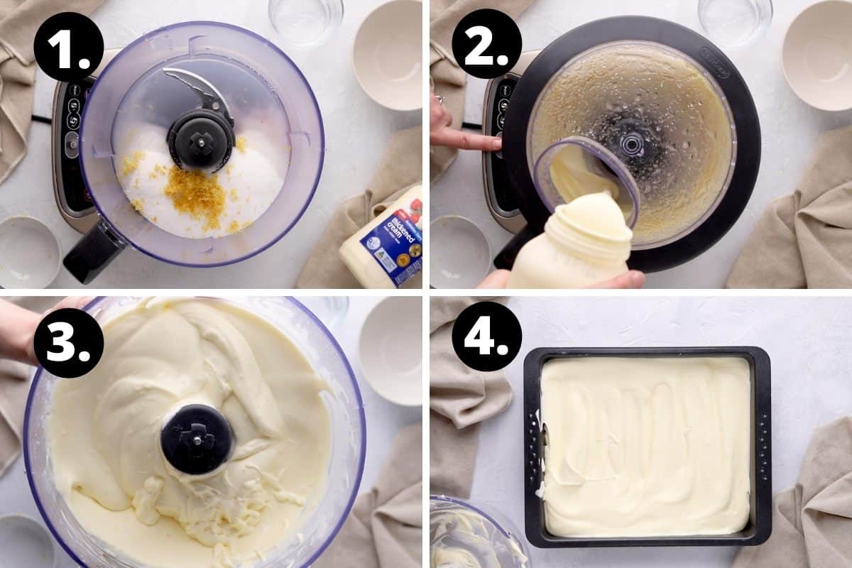 Steps 1-4 of preparing this recipe in a photo collage - blending the sugar and lemon, adding the cream, the mixture and the mixture ready to chill.