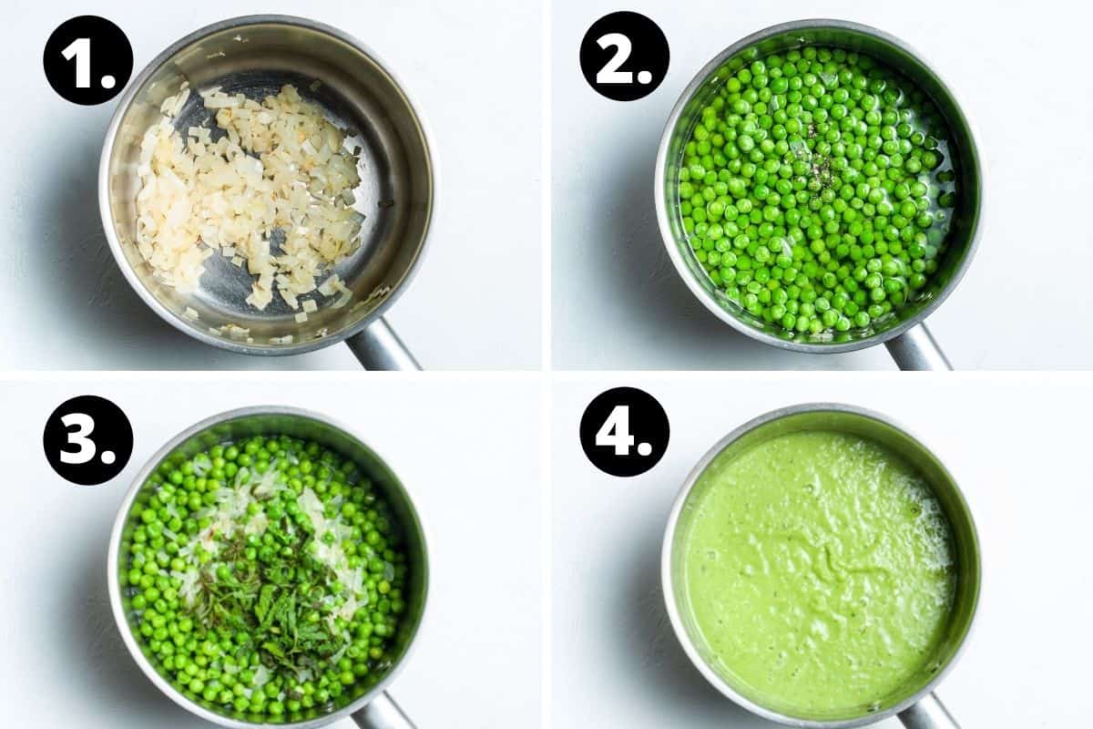 Steps 1-4 of preparing this recipe in a photo collage - the cooked onions in a saucepan, adding the peas and stock, adding the mint and then the blended soup.