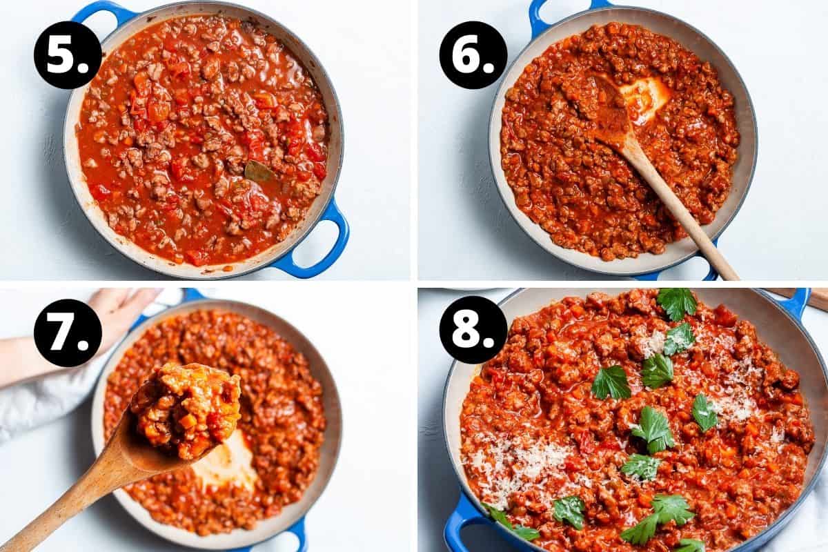 Steps 5-8 of preparing this recipe in a photo collage - adding the tomatoes to the pot, the sauce starting to thicken, a spoon holding up the thickened ragu and the finished dish.