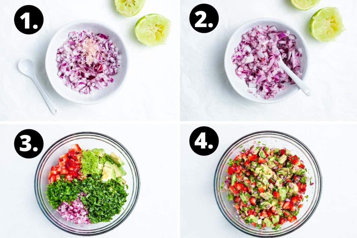 Steps 1-4 of preparing this recipe in a photo collage - the chopped onion and salt, a small bowl of the prepared onions, the salsa ingredients in a bowl and the combined salsa ready to serve.