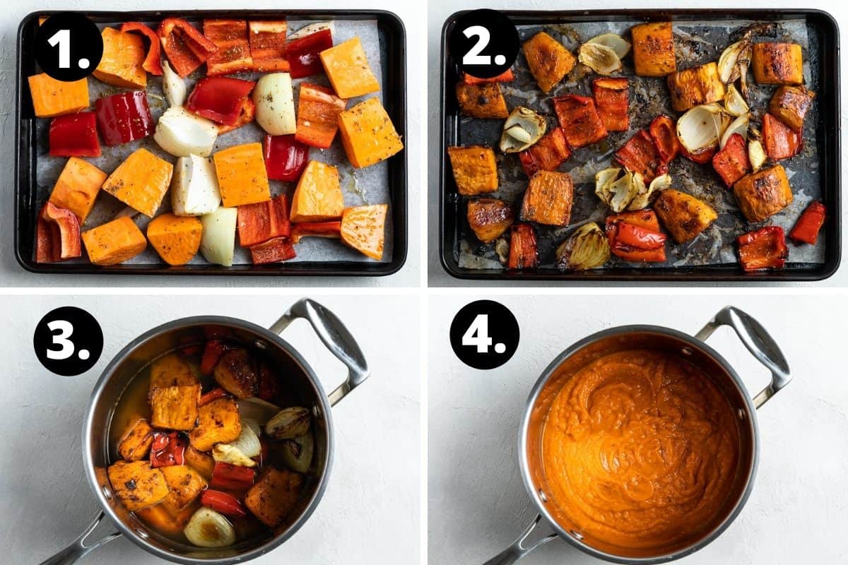 Steps 1-4 of preparing this recipe in a photo collage - the vegetables chopped up on a baking tray, the roasted vegetables, the vegetables in a saucepan with the stock and the blended soup.