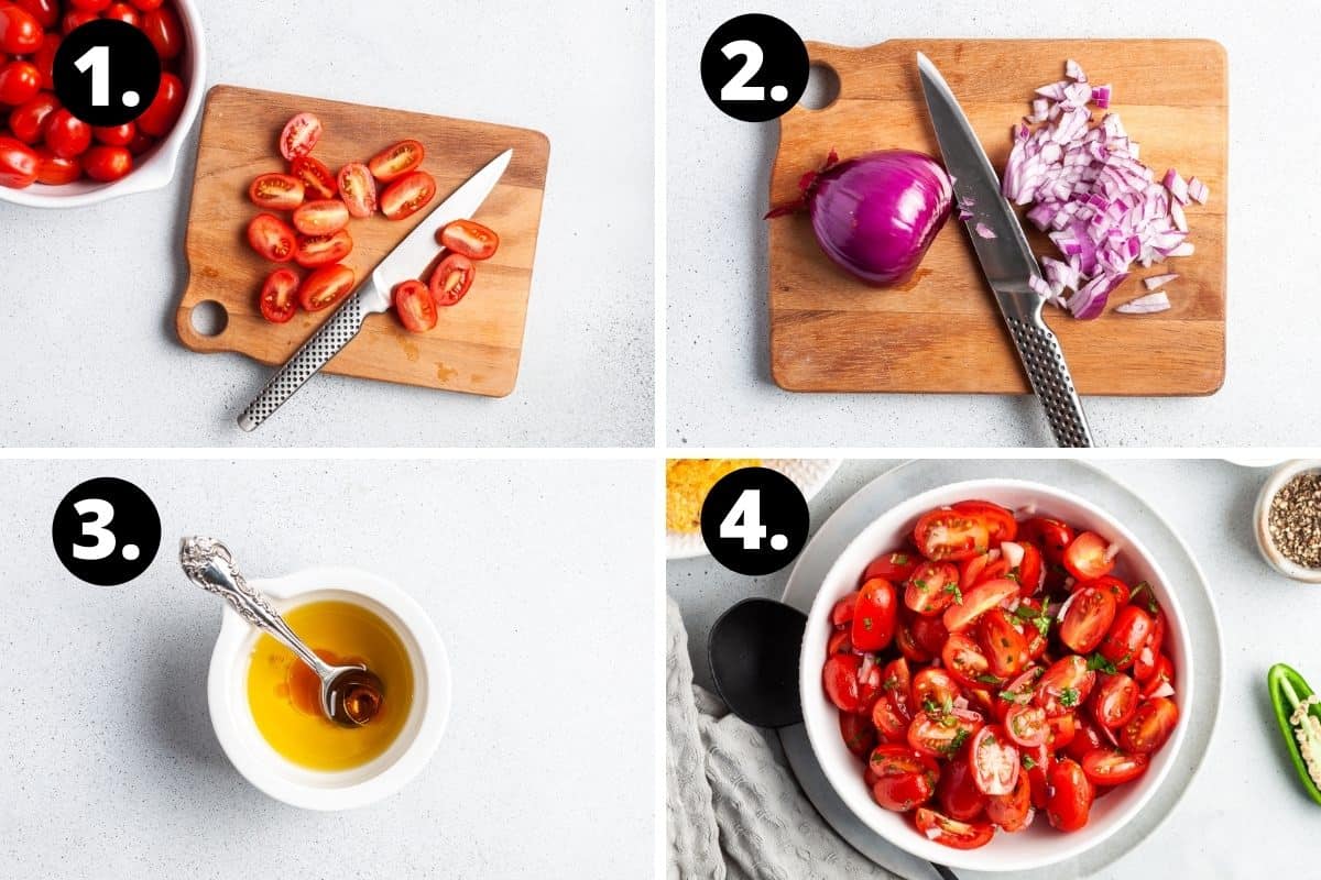 Steps 1-4 of preparing this recipe in a photo collage - chopping the tomatoes, chopping the onions, mixing the dressing and the finished salad.