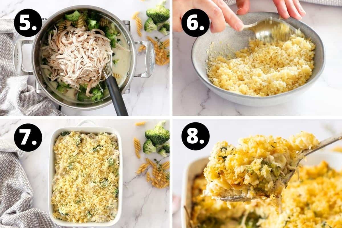Steps 5-8 of preparing recipe in photo collage - combining pasta and chicken with sauce, mixing breadcrumbs, topping dish with breadcrumbs and the finished dish.