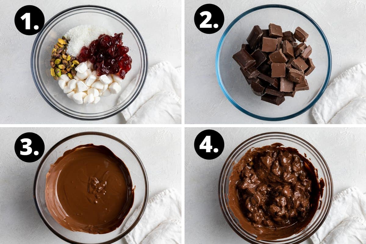Steps 1-4 of preparing this recipe in a photo collage - the chopped filling in a bowl, chocolate pieces in a bowl, melted chocolate and the ingredients being combined.