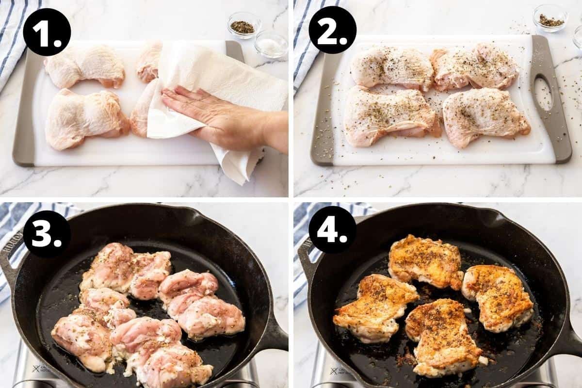 Steps 1-4 of preparing this recipe in a photo collage - patting thighs with paper towel, seasoning thighs, cooking in pan and the cooked thighs in pan.