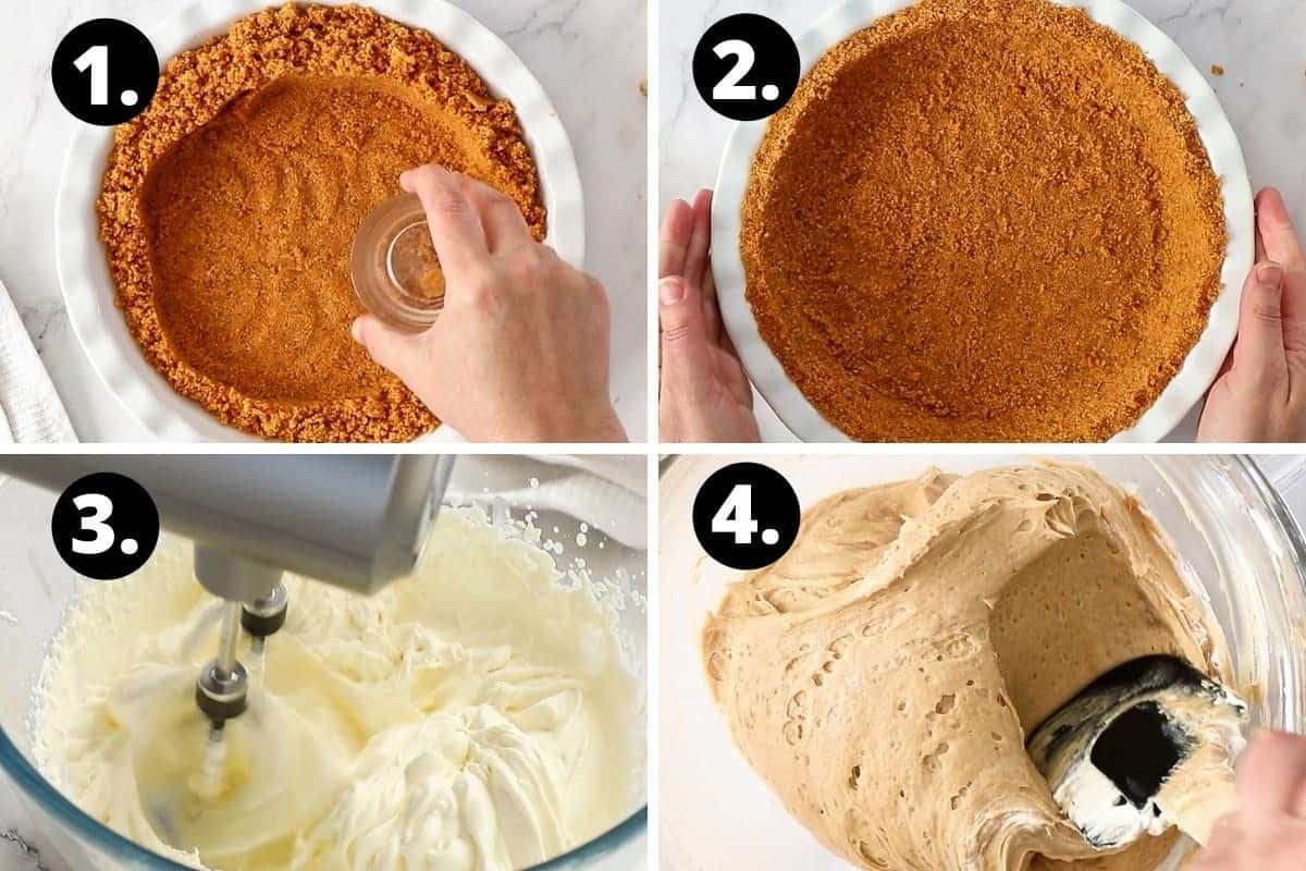 Steps 1-4 of preparing this recipe in a photo collage - adding biscuit crumbs to dish, the smoothed crumbs, whipping the cream and the finished peanut butter mixture.