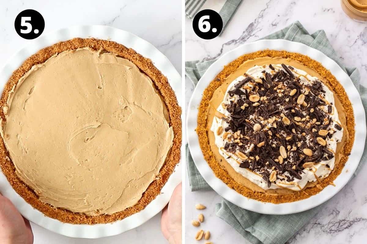 Steps 5-6 of preparing this recipe in a photo collage - the pie ready to chill and the decorated pie ready to serve.