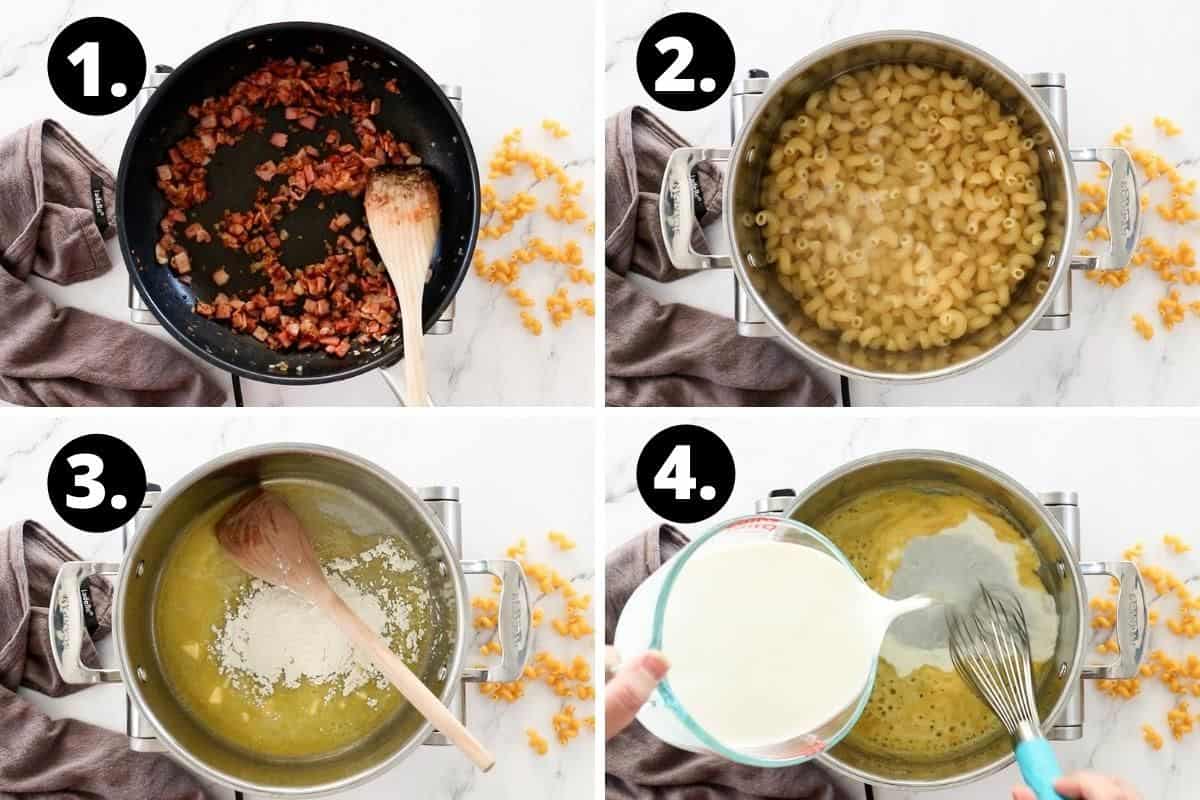 Steps 1-4 of preparing this recipe in a photo collage - cooking the bacon and onion in a pan, cooking the pasta in a pot, cooking flour and butter in new pot, and adding milk to flour mixture.