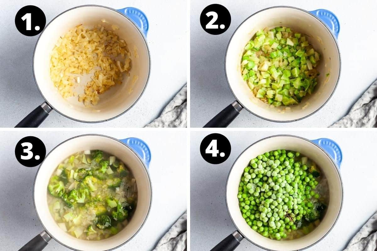 Steps 1-4 of preparing this recipe in a photo collage - the cooked onion in saucepan, adding the broccoli stems, adding the broccoli florets and stock and adding the peas to the saucepan.