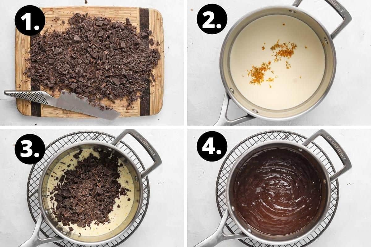 Steps 1-4 of preparing this recipe in a photo collage - chopper chocolate, cream and zest in saucepan, adding the chocolate to warmed cream and the combined mixture.