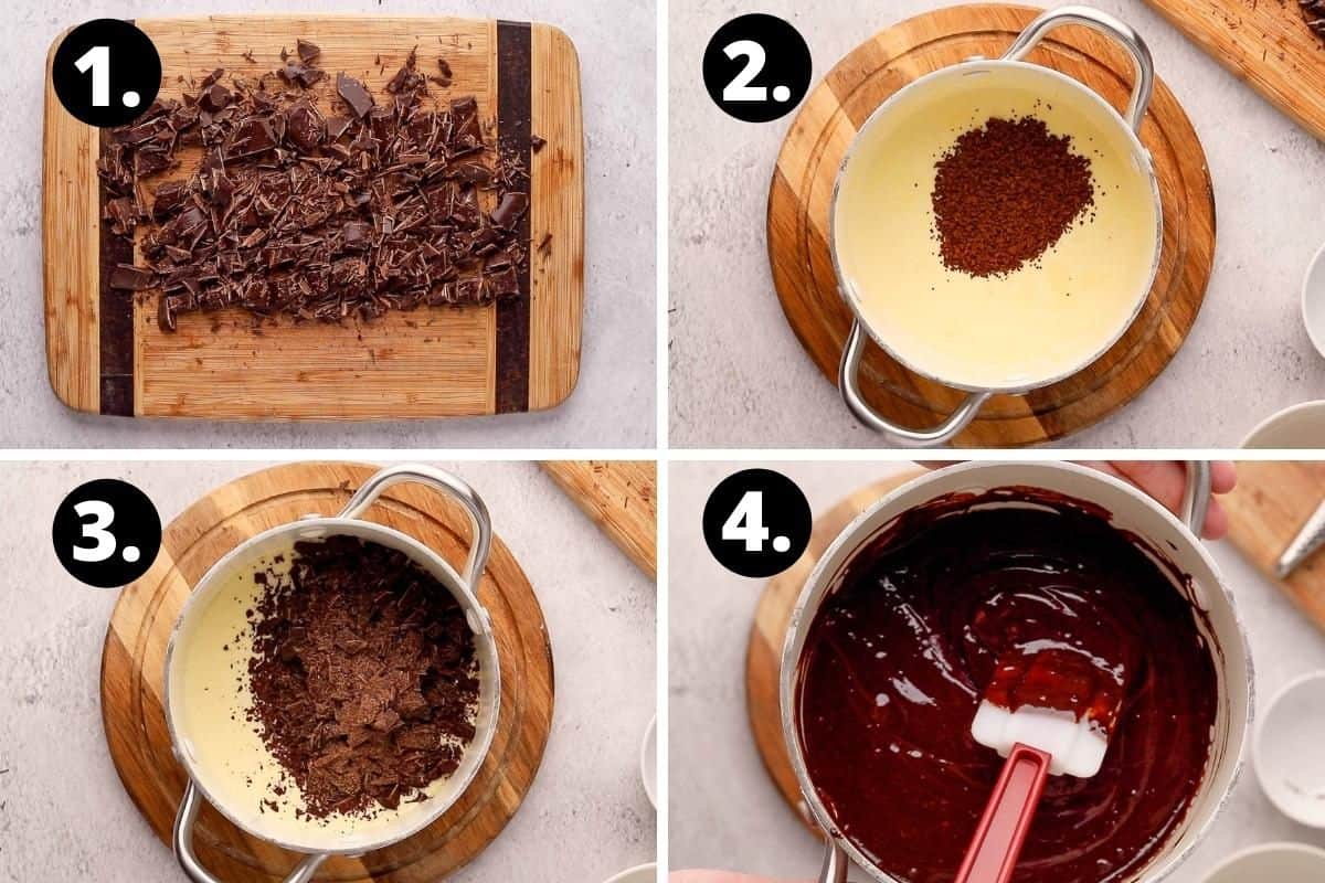 Steps 1-4 of preparing this recipe in a photo collage - chopped chocolate, cream in saucepan with coffee powder, adding chocolate, the chocolate mixture.