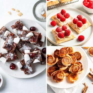 Three desserts in photo collage - rocky road, raspberry tarts and cinnamon pinwheels.