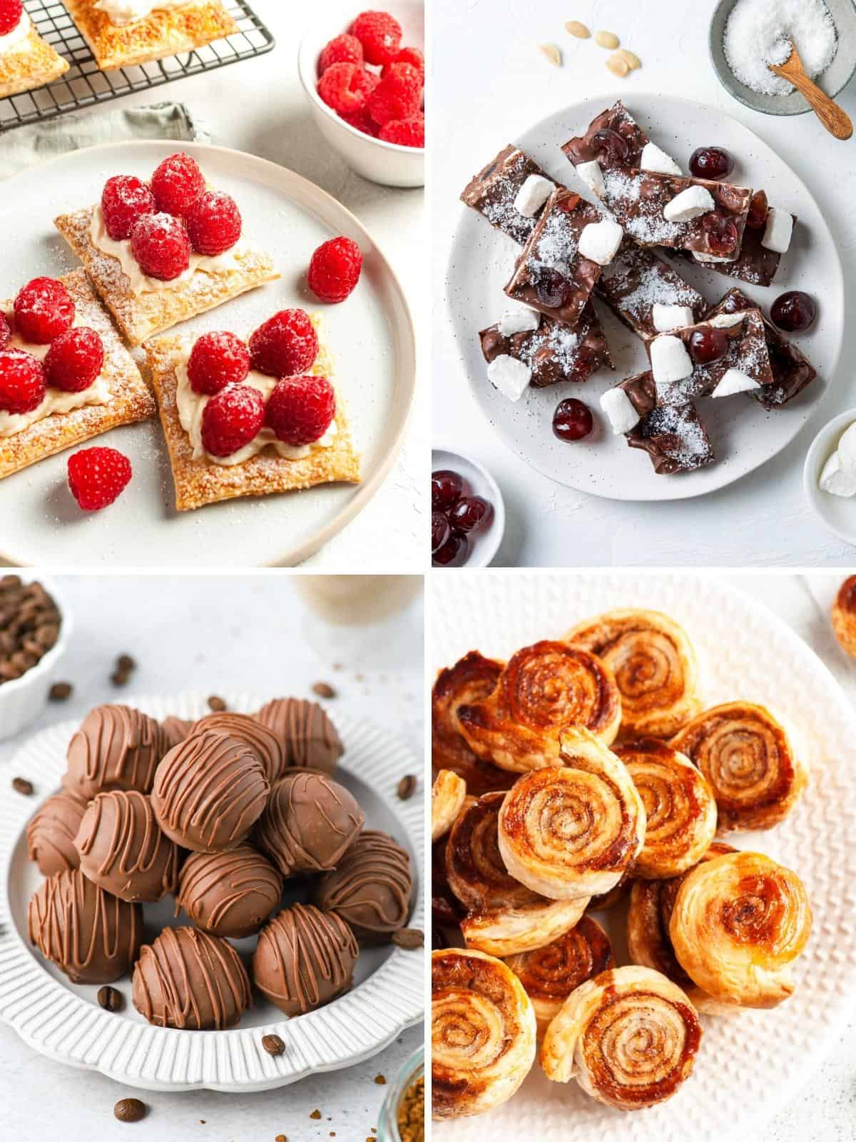 Four desserts in photo collage - raspberry tarts, rocky road, coffee truffles and cinnamon pinwheels.