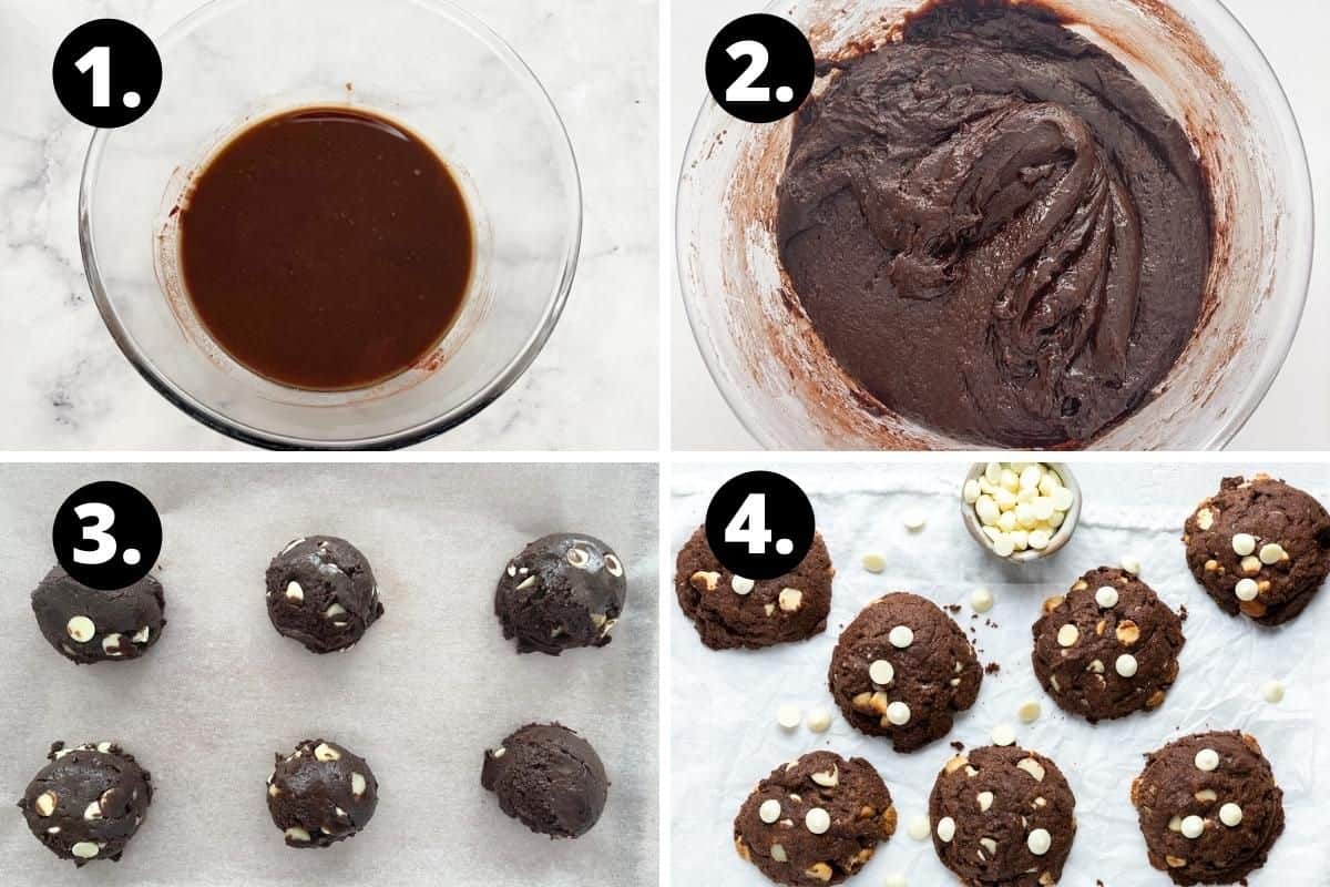 Steps 1-4 of preparing this recipe in a photo collage - the melting chocolate and butter in a bowl, the mixed cookie batter, the cookies ready to bake in the oven and the baked cookies.