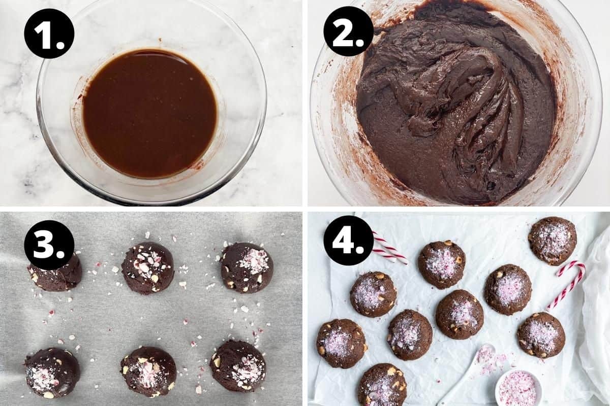 Steps 1-4 of preparing this recipe in a photo collage - the melting chocolate and butter in a bowl, the mixed cookie batter, the cookies ready to bake in the oven and the baked cookies.