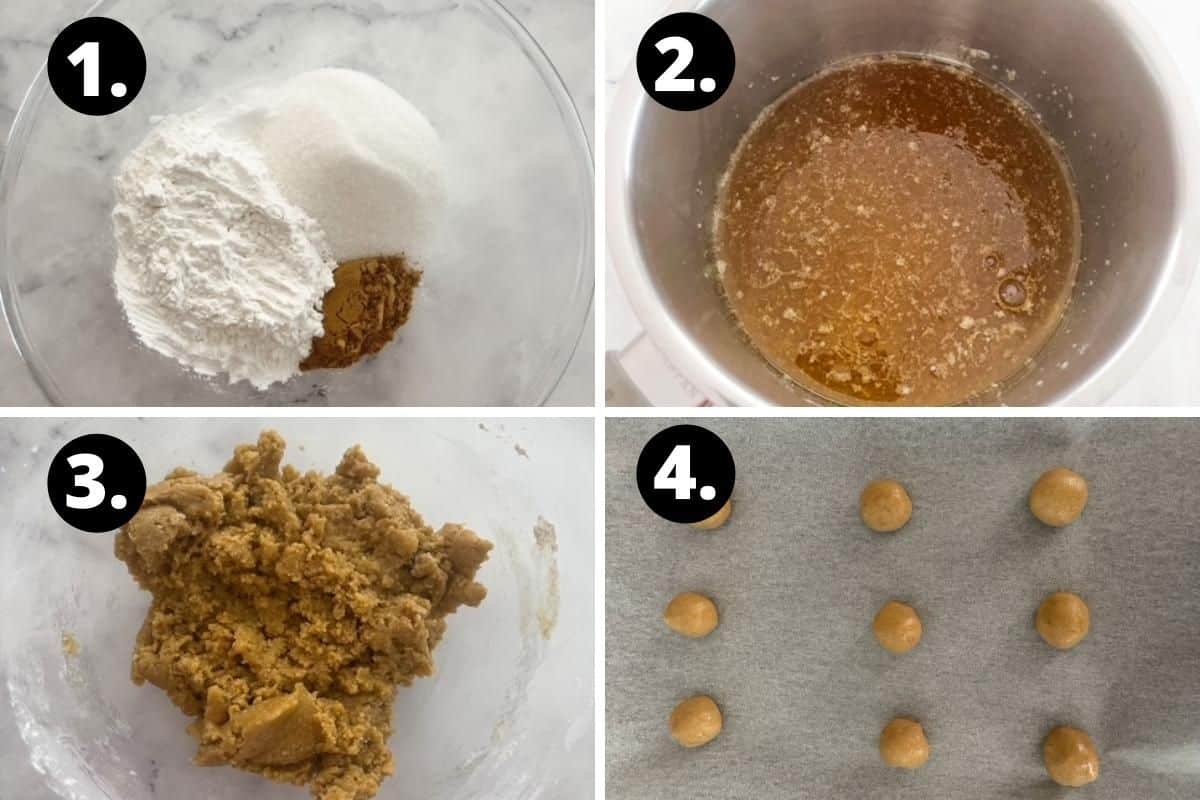 Steps 1-4 of preparing this recipe in a photo collage - adding dry ingredients to a bowl, melting the butter and golden syrup in a saucepan, combining the wet and dry ingredients in a bowl and the cookie balls on sheet pan.