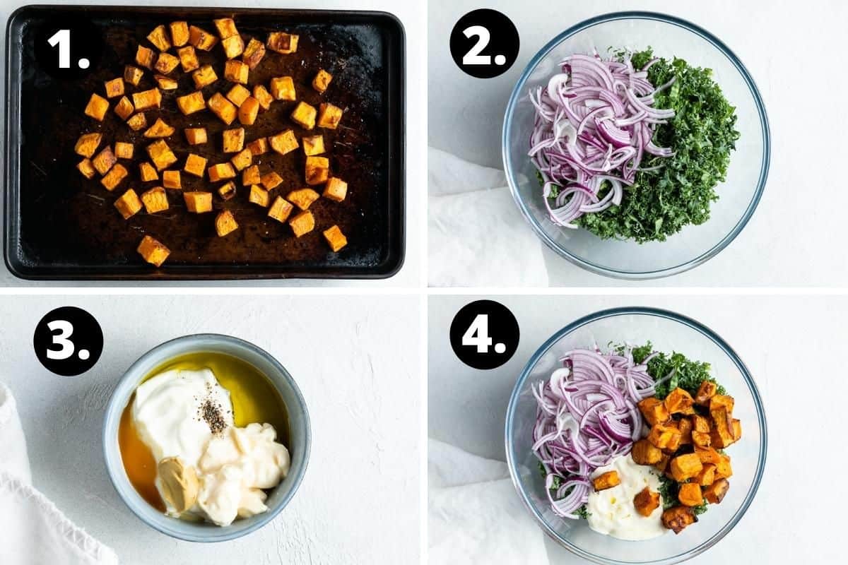 Steps 1-4 of preparing this recipe in a photo collage - the roasted sweet potato, kale and onion in a bowl, the ingredients for the dressing in a small bowl and the ingredients in a bowl ready to toss.