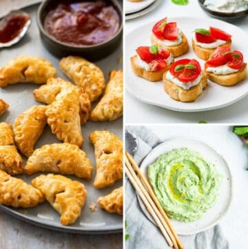 Three savoury appetisers in photo collage - mini bacon pasties, herbed ricotta crostini and green goddess dip.