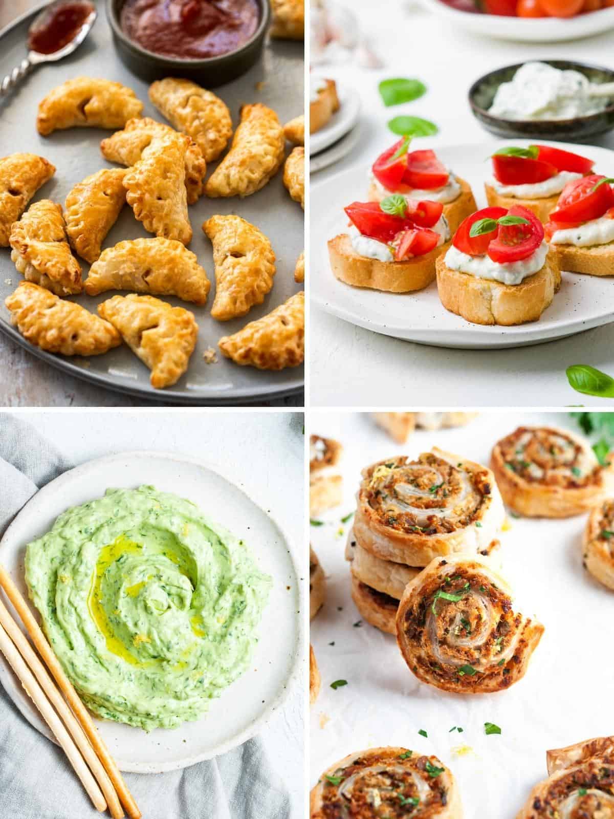 Four savoury appetisers in photo collage - mini bacon pasties, herbed ricotta crostini, green goddess dip and tuna pinwheels.