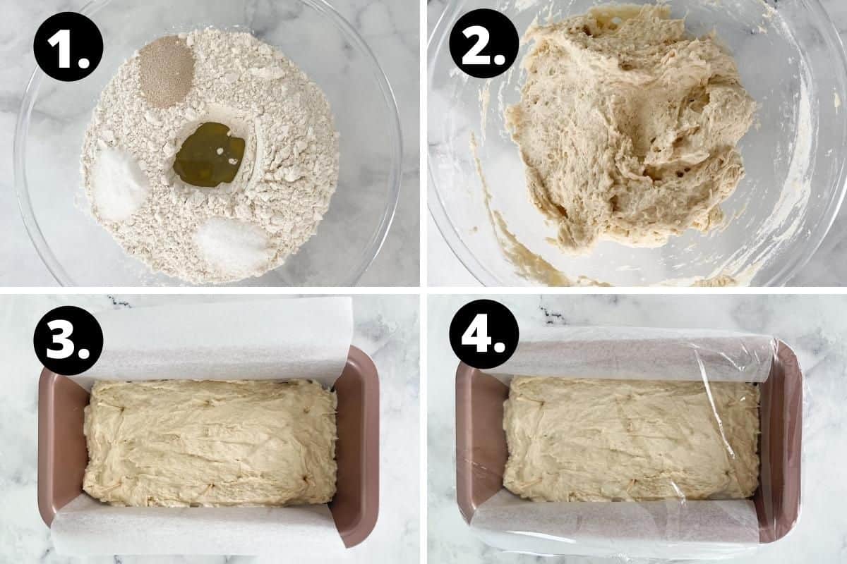 Steps 1-4 of preparing this recipe in a photo collage - adding the ingredients to a bowl, mixing the ingredients with water, the dough in a bread tin, and covered in cling film ready to rise.