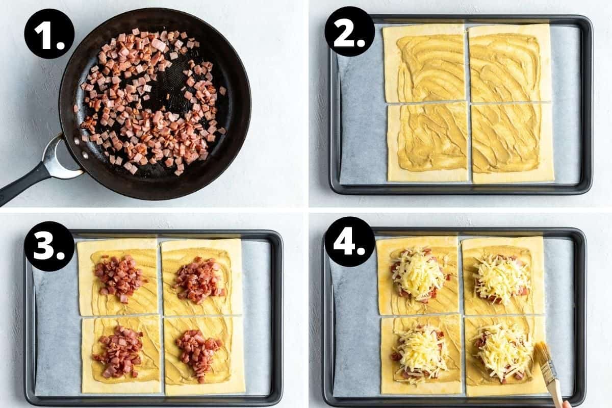 Steps 1 -4 of preparing this recipe in a photo collage - the cooked bacon, four pastry squares brushed with mustard, topping the pastry with the bacon and then the cheese.