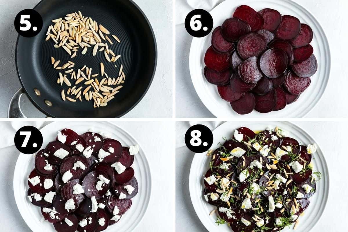 Steps 5-8 of preparing this recipe in a photo collage - toasting the almonds, sliced beetroot on plate, goat cheese topping the beetroot and the finished salad.