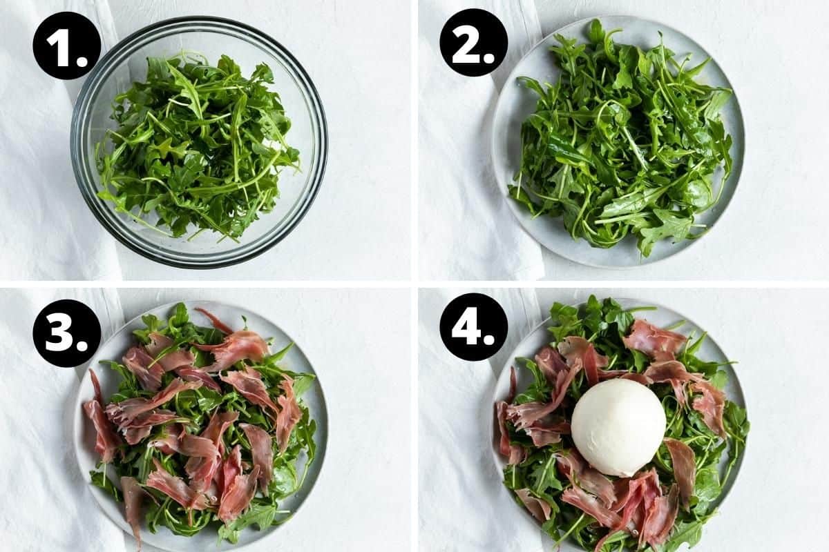 Steps 1-4 of preparing this recipe in a photo collage - dressing the rocket/arugula in a bowl, putting the rocket/arugula on a plate, topping with prosciutto and placing the burrata in the centre.