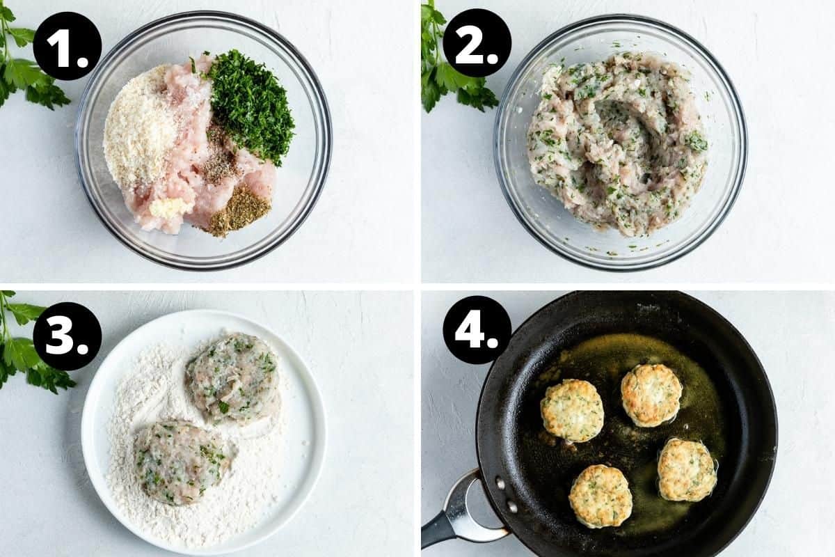 Steps 1-4 of preparing this recipe in a photo collage - the ingredients in a bowl, the mixed ingredients, the patties being coated in flour and cooking the patties in a frying pan.