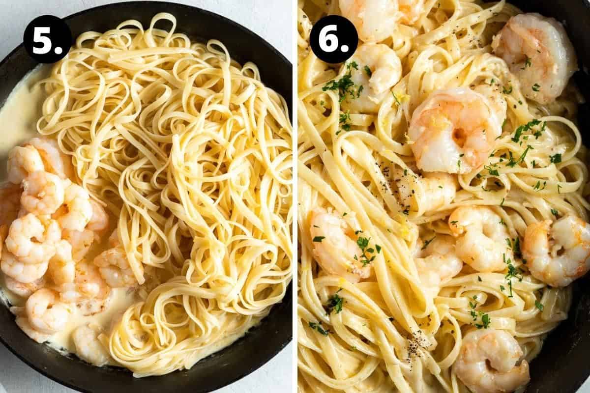 Steps 5-6 of preparing this recipe in a photo collage - returning the prawns to the cream sauce with the pasta and the finished dish.