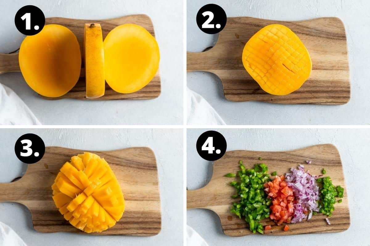 Steps 1-4 of preparing this recipe in a photo collage - cutting the cheeks off the mango, scoring the mango cheek, removing the mango flesh and chopping the remaining salsa ingredients.