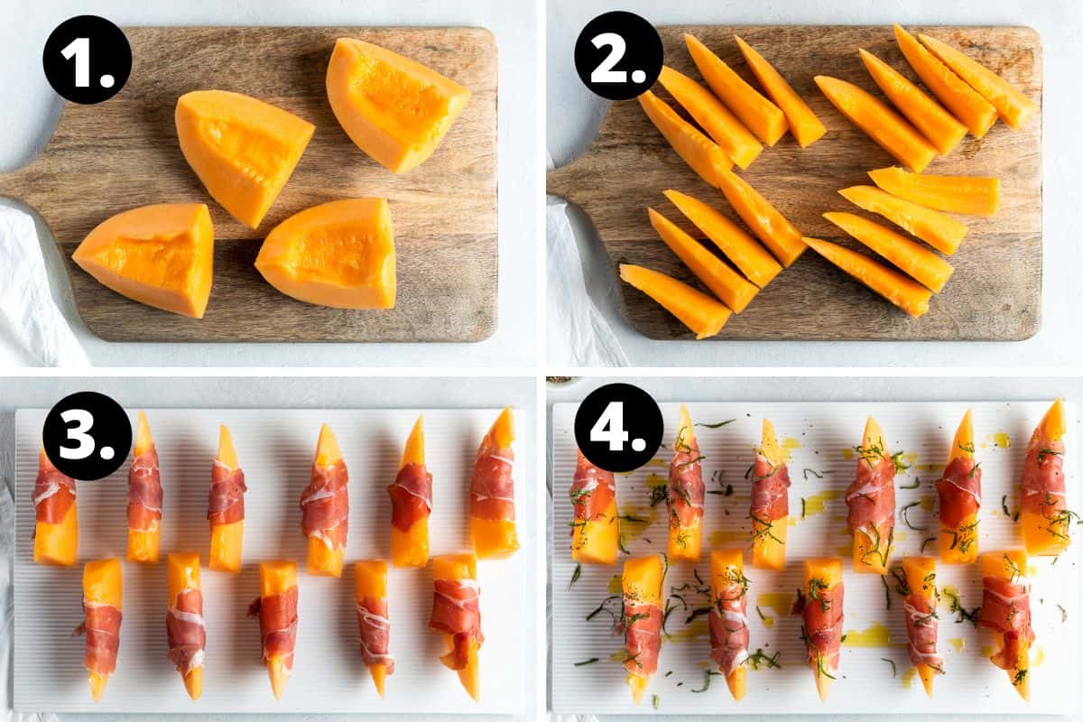 Steps 1-4 of preparing this recipe in a photo collage - preparing the melon, slicing the melon into wedges, wrapping the melon in prosciutto and the finished dish ready to serve.