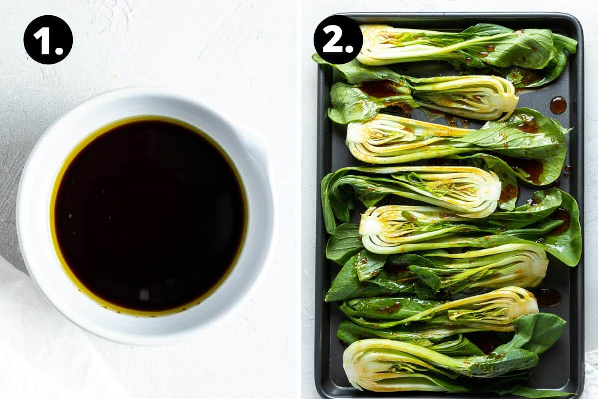 Steps 1-2 of preparing this recipe in a photo collage - a small bowl with the sauce ingredients and the bok choy on a baking tray coated in the sauce and ready to go into the oven.