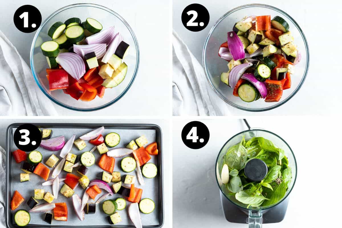 Steps 1-4 of preparing this recipe in a photo collage - glass bowl with chopped vegetables, the vegetables tossed with oil and seasoning, the vegetables on a tray ready to roast and preparing the basil oil in a small food processor.