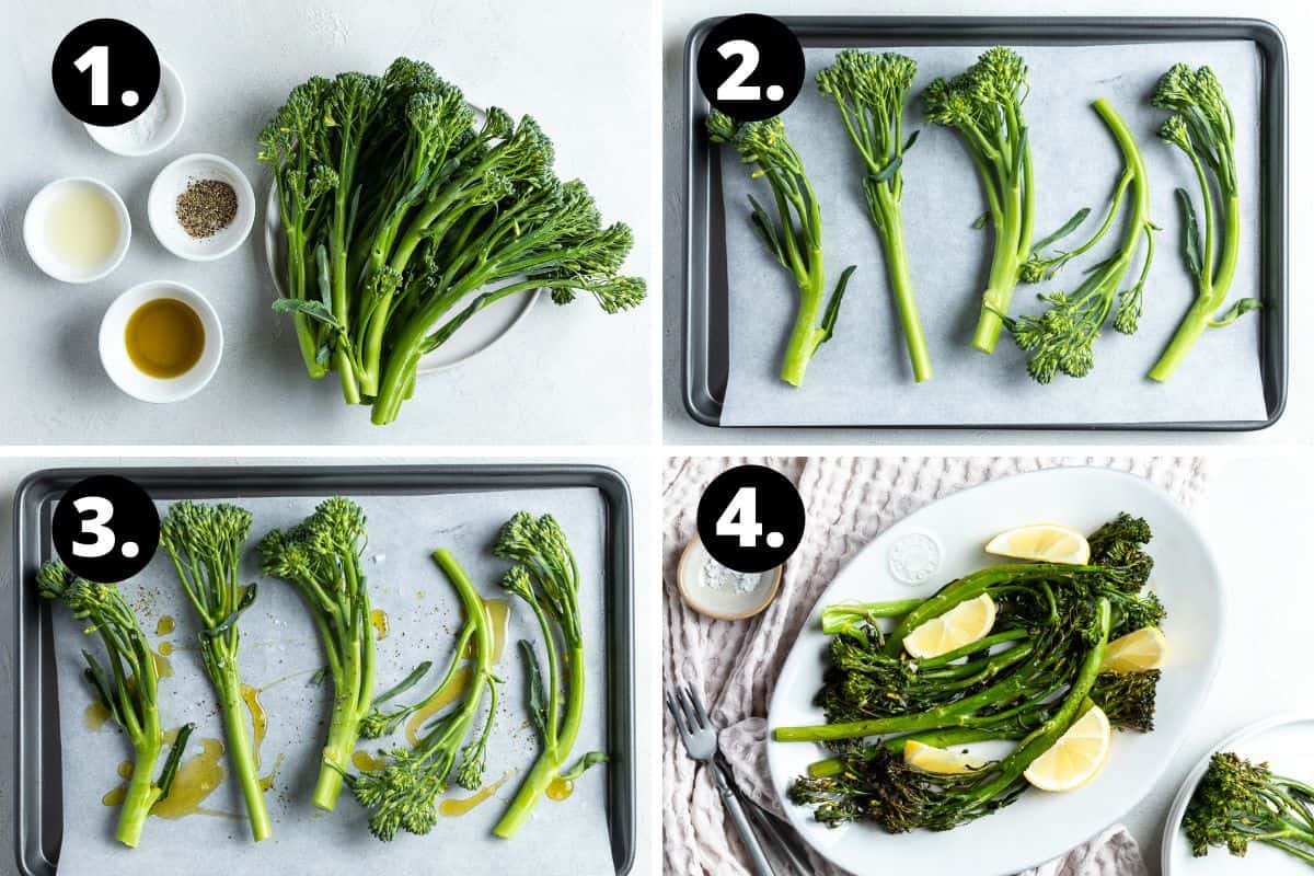 Steps 1-4 of preparing this recipe in a photo collage - the ingredients required, the broccolini on a baking tray, the broccolini drizzled with oil and the cooked broccolini on a serving dish.