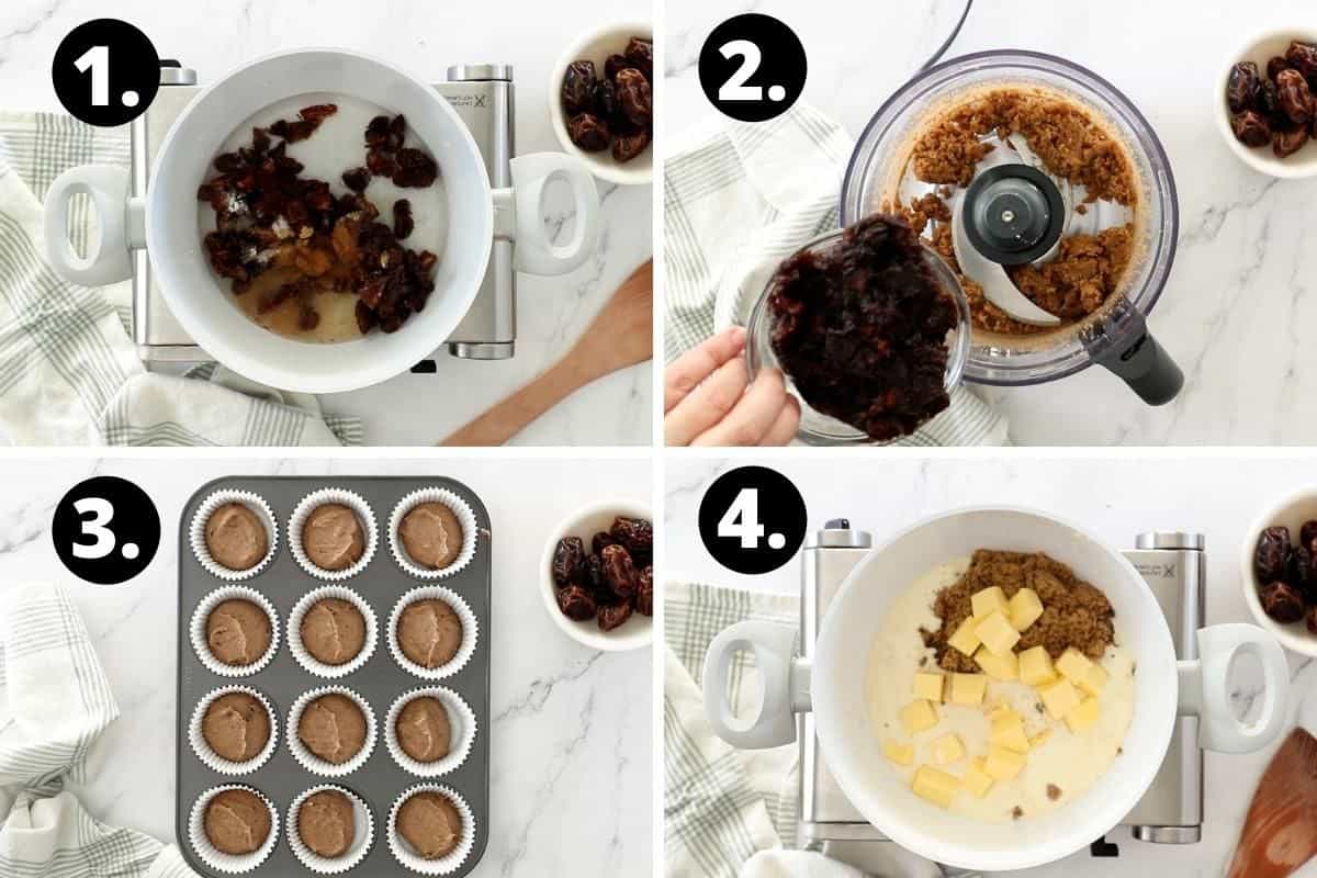 Steps 1-4 of preparing this recipe in a photo collage - the date mixture in a saucepan, adding the date mixture to food processor with cake ingredients, the mixture ready to bake in the oven and the ingredients for the sauce in a pan.
