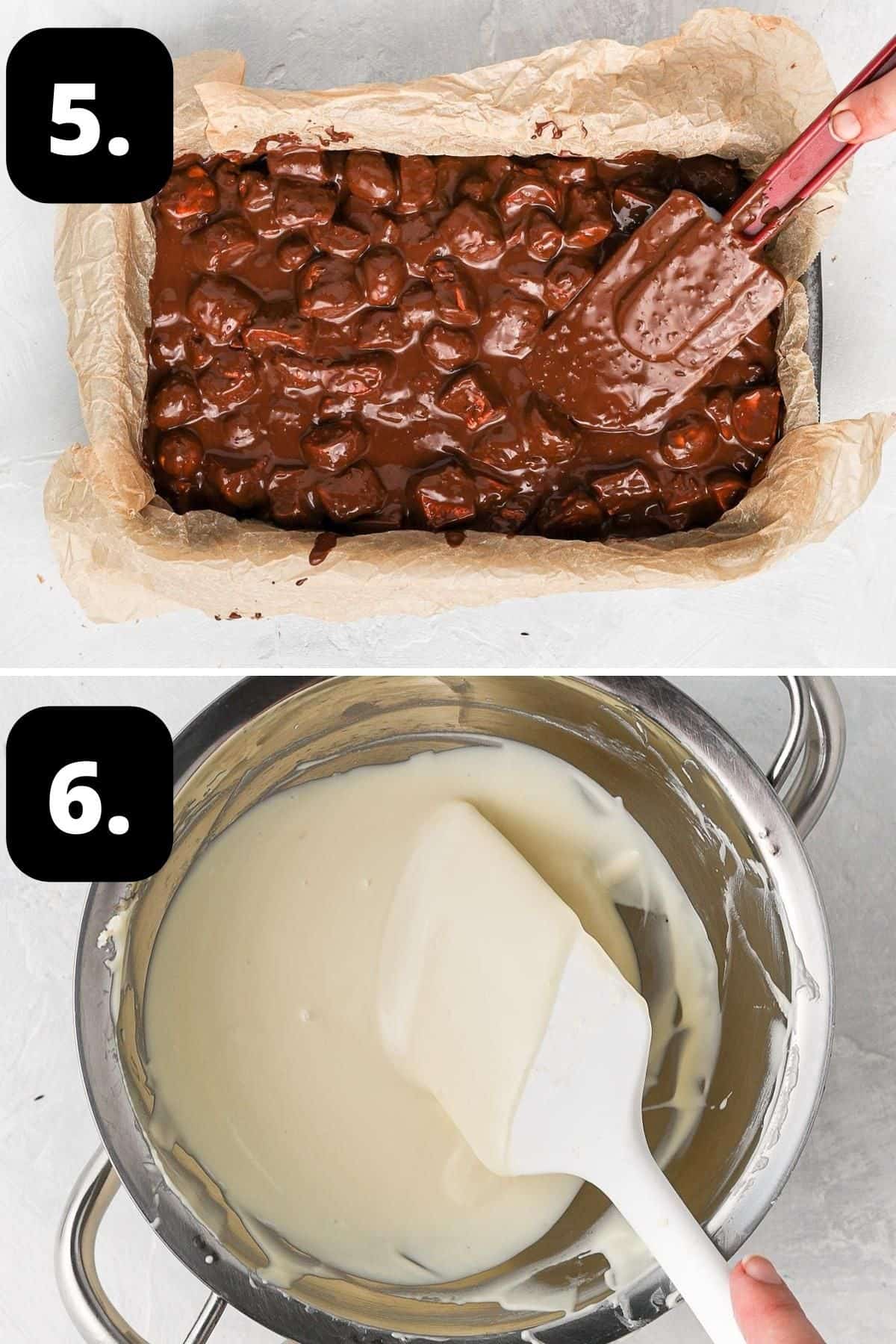 Steps 5-6 of preparing this recipe - adding the rocky road mixture to a lined tin and melting the white chocolate topping.