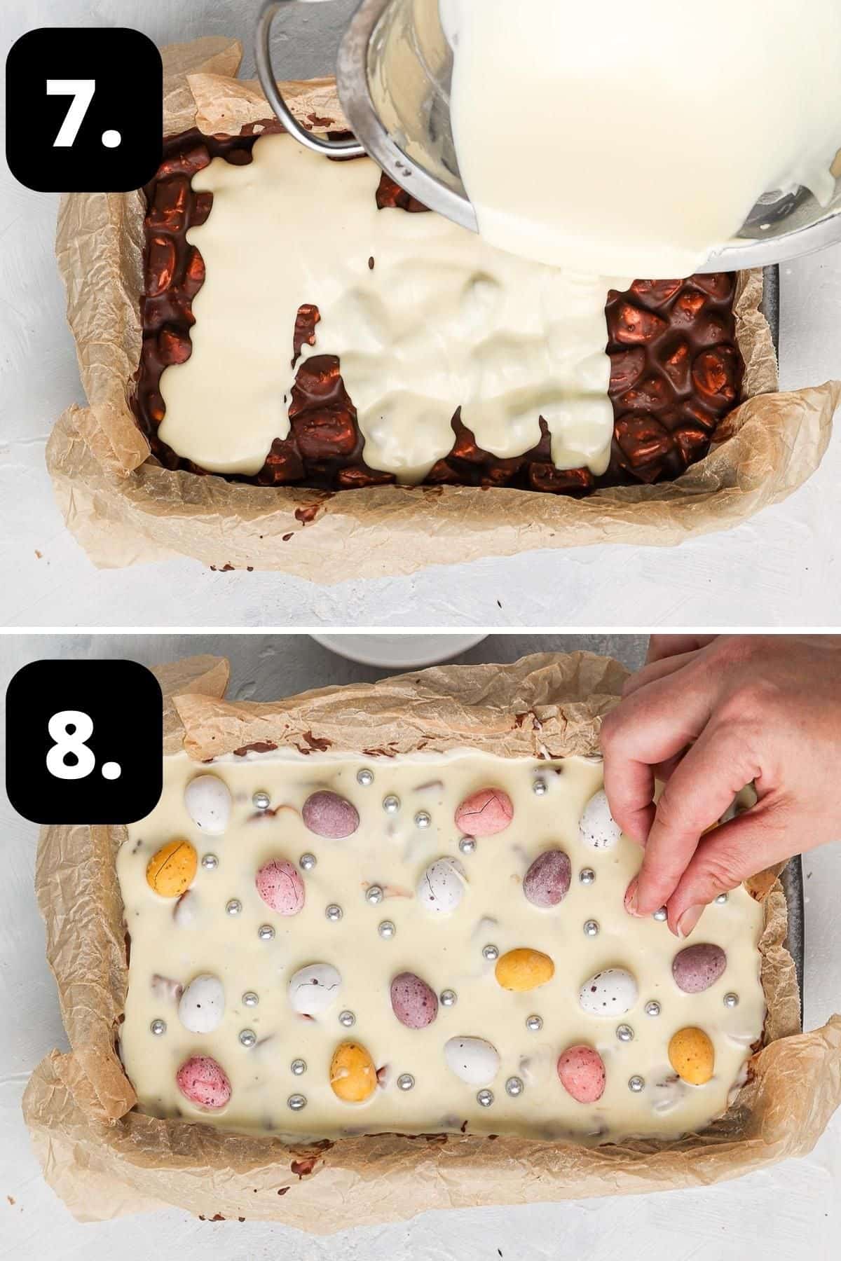 Steps 7-8 of preparing this recipe - pouring the white chocolate topping over the rocky road, and decorating with mini eggs and silver cachous.