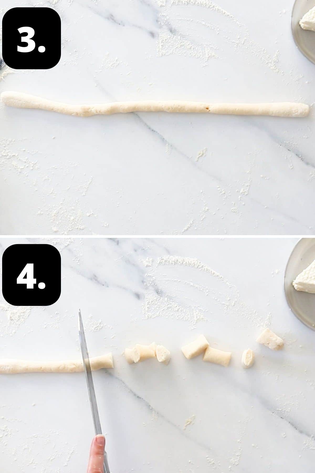 Steps 3-4 of preparing this recipe - rolling out some dough into a rope shape and cutting the gnocchi.