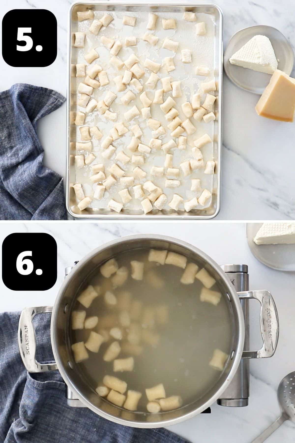 Steps 5-6 of preparing this recipe - the prepared gnocchi on a tray and cooking them in a saucepan of boiling water.