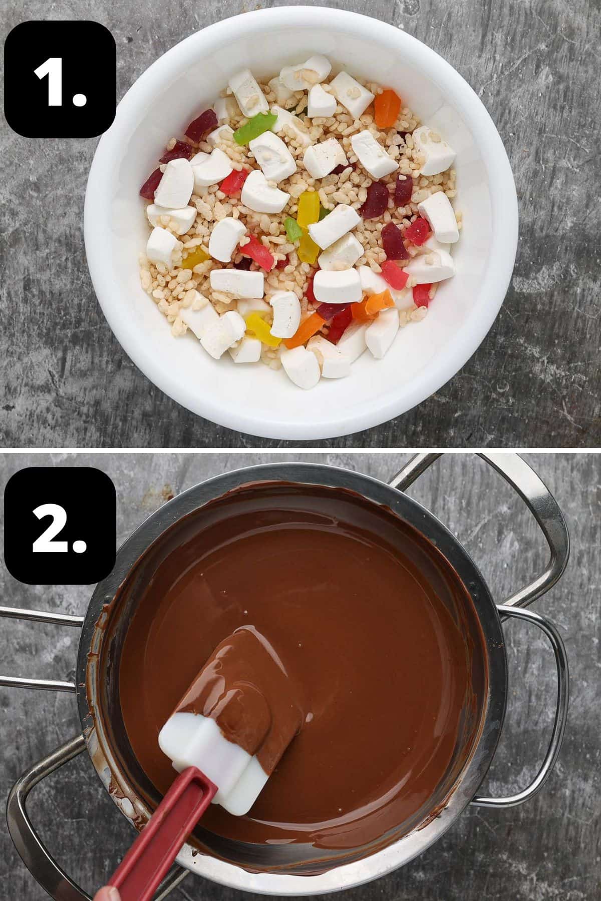 Steps 1-2 of preparing this recipe - the fillings in a bowl and melting the chocolate.