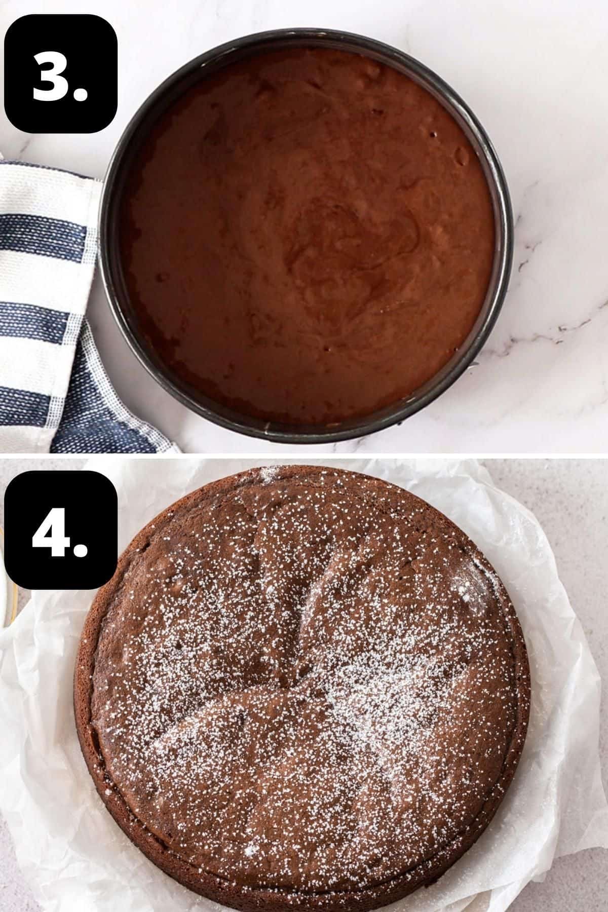 Steps 3-4 of preparing this recipe - the cake batter in the tin ready for the oven and the baked cake.