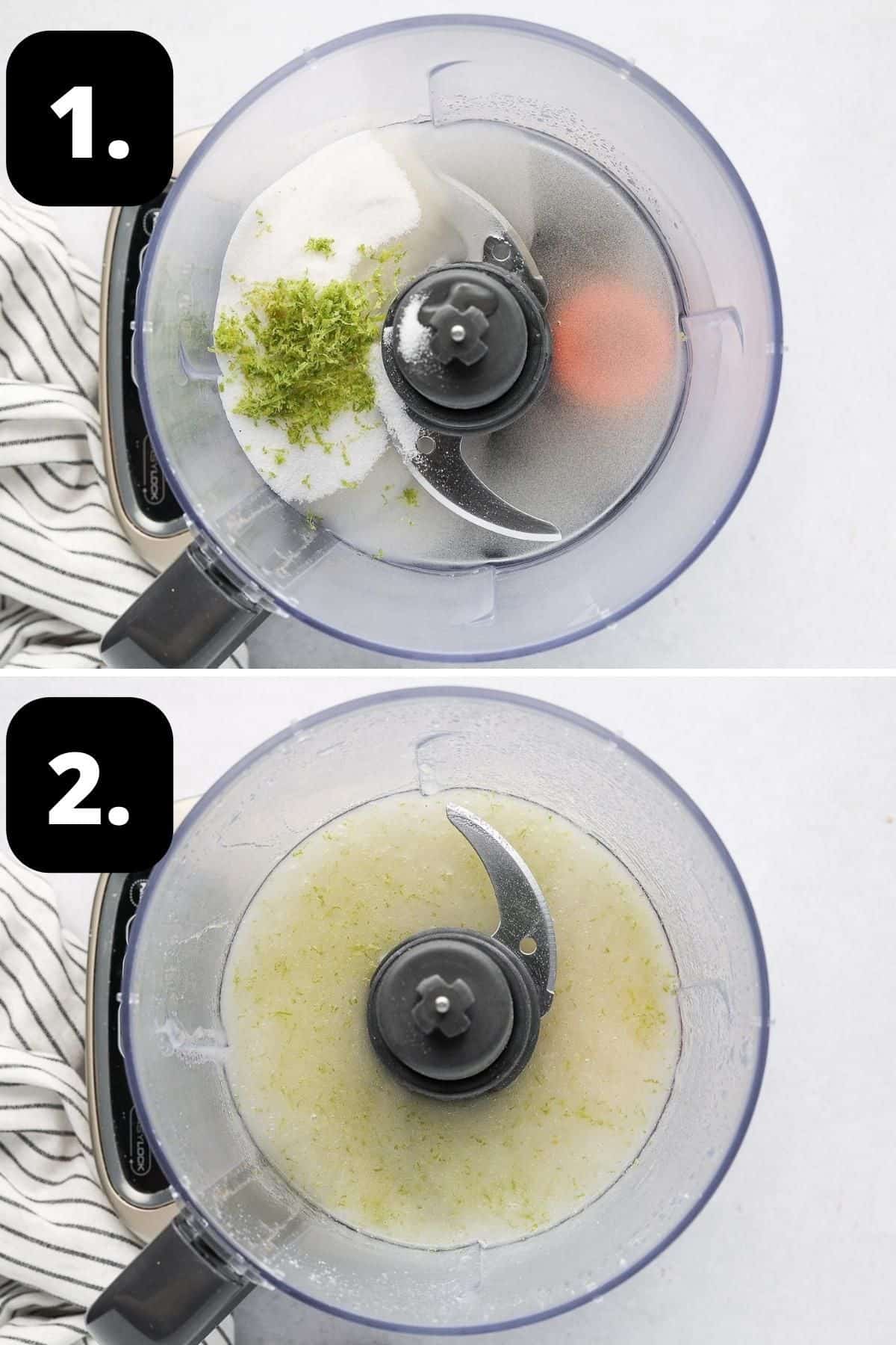 Steps 1-2 of preparing this recipe - the sugar, zest and juice in a food processor and the blended mixture.
