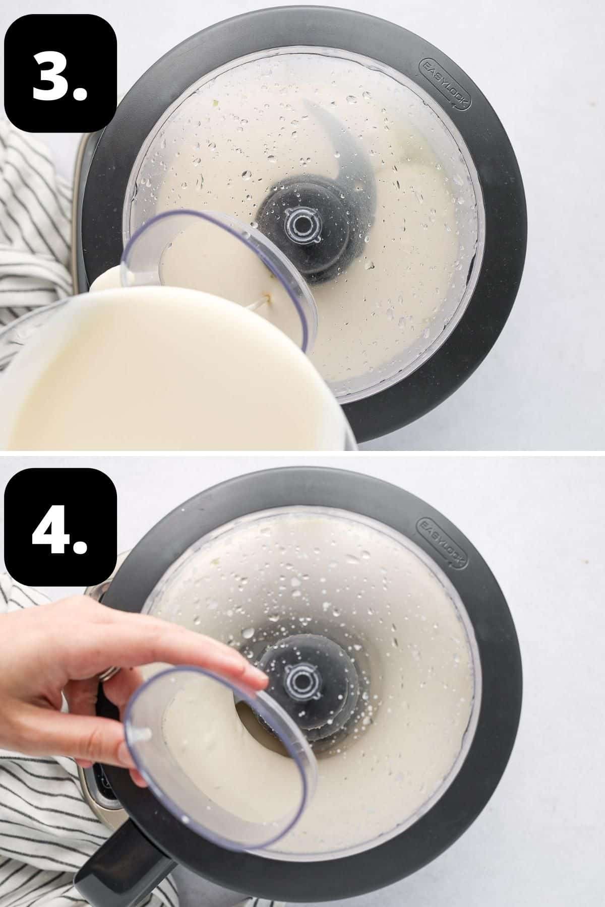 Steps 3-4 of preparing this recipe - adding the cream through the feed tube and letting the mixture blend.