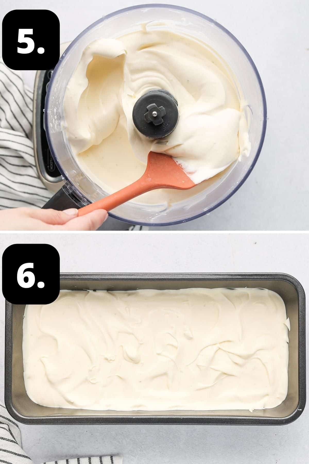 Steps 5-6 of preparing this recipe - the thickened cream mixture in the processor and in a dish ready for the freezer.