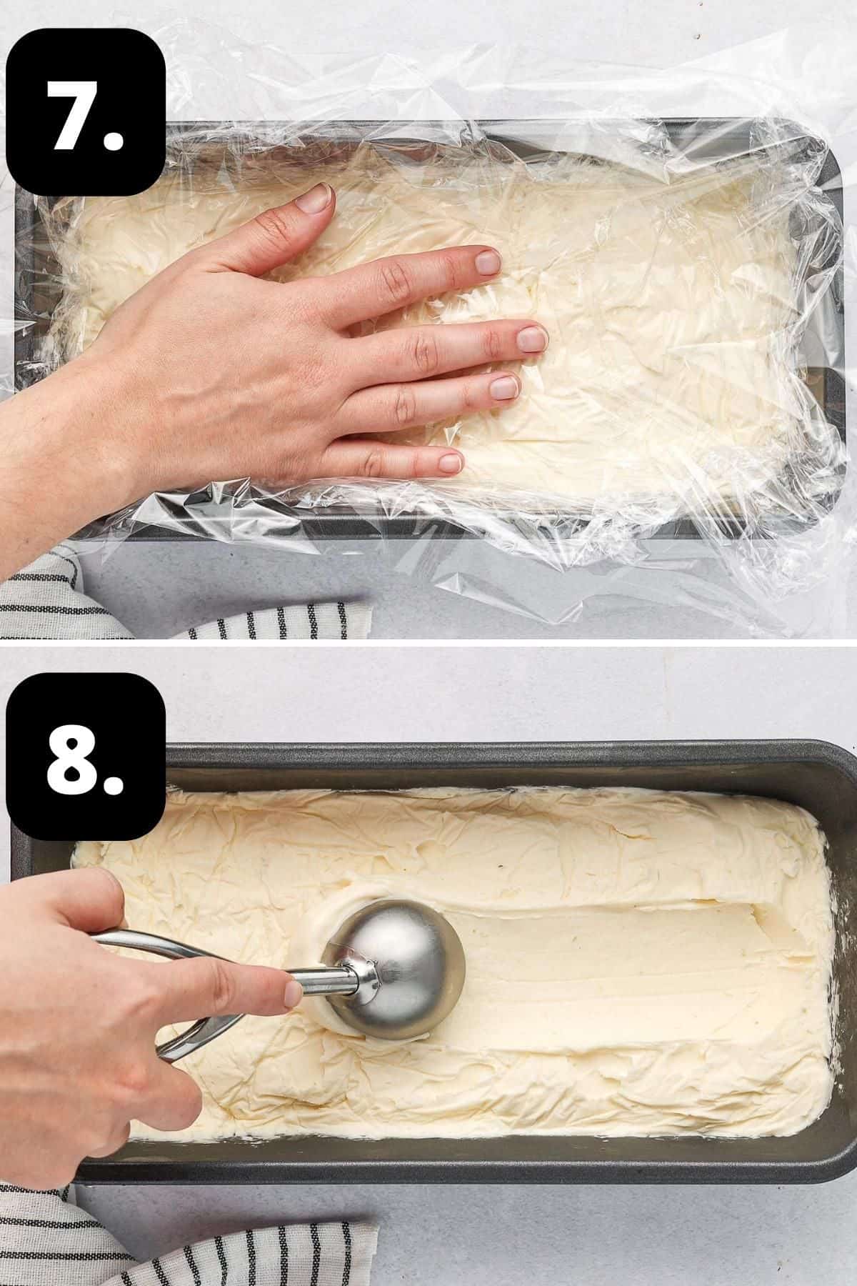 Steps 7-8 of preparing this recipe - topping the dish with cling film and scooping a serve of ice cream once frozen.