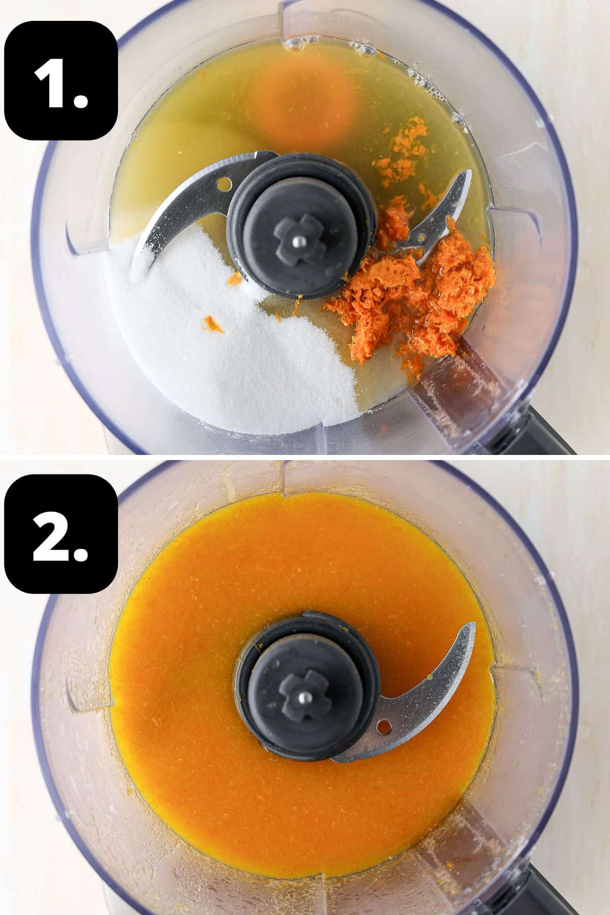 Steps 1-2 of preparing this recipe - the zest, juice and sugar in a food processor and the blended mixture.