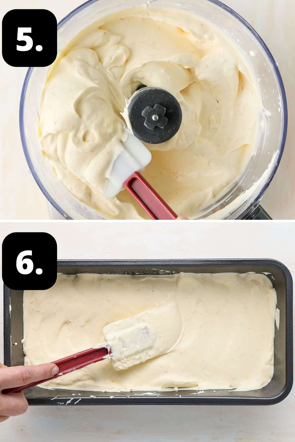 Steps 5-6 of preparing this recipe - the whipped mixture and adding to a tin ready to freeze.
