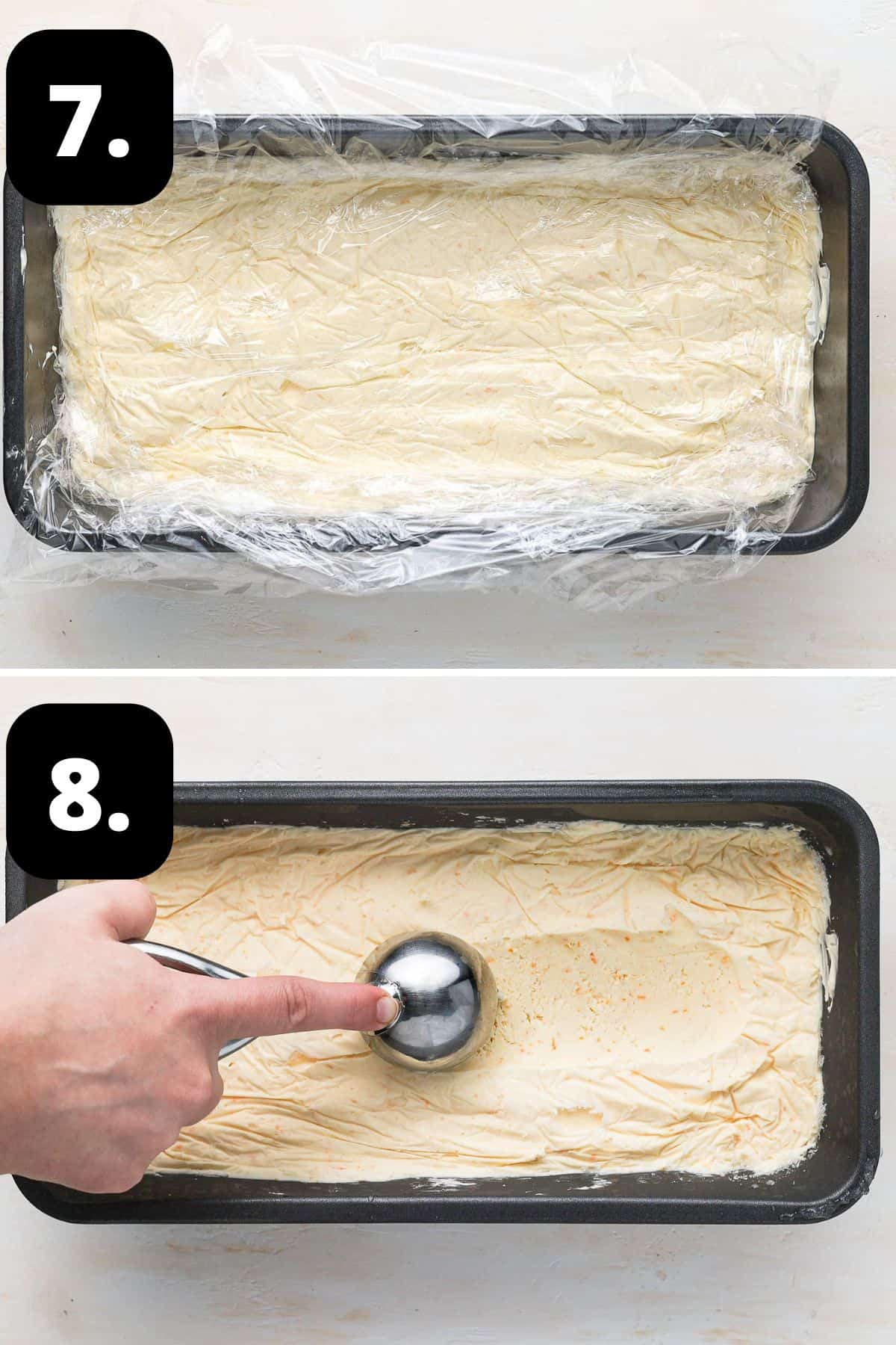 Steps 7-8 of preparing this recipe - topping the dish with cling film ready to freeze and scooping the frozen ice cream.